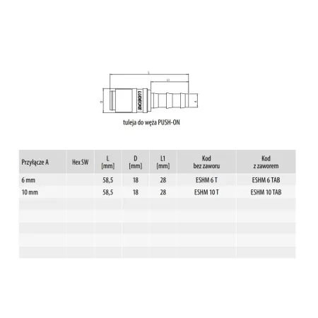 Szybkozłącze do form ESHM 6 TAB z zaworem, profil Europejski, do węża PUSH on